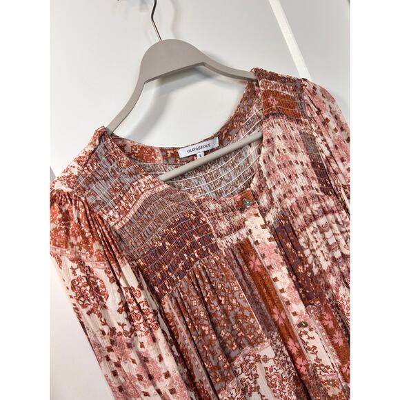 Olivaceous Women's Patchwork Tiered Midi Dress Boho Earthy Rust Beige Size Large - Picture 3 of 11